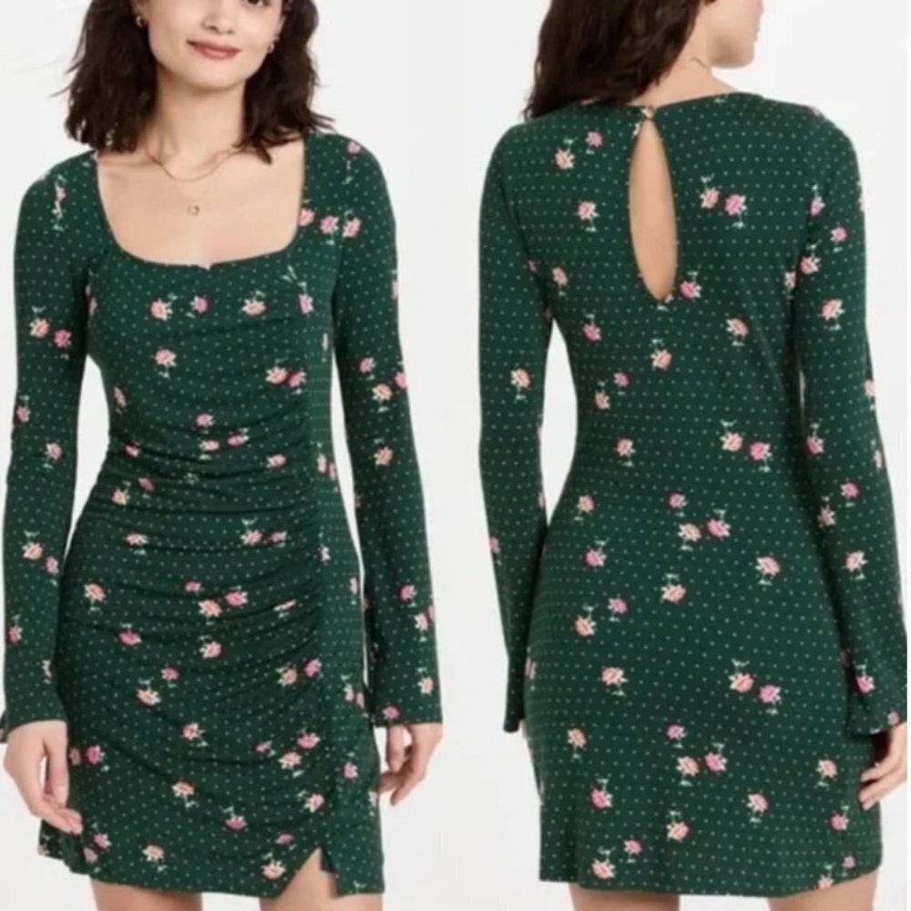 NWT Free People Celia Mini Dress in Emerald Jewel Combo